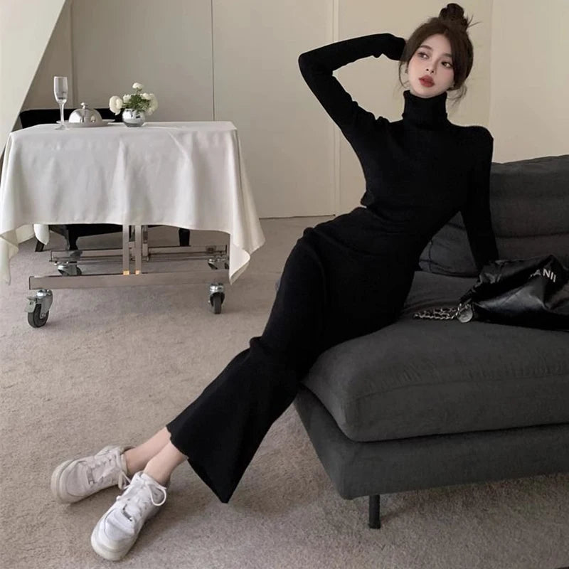 Sexy Black Turtleneck Knitted Bodyconong Dresses